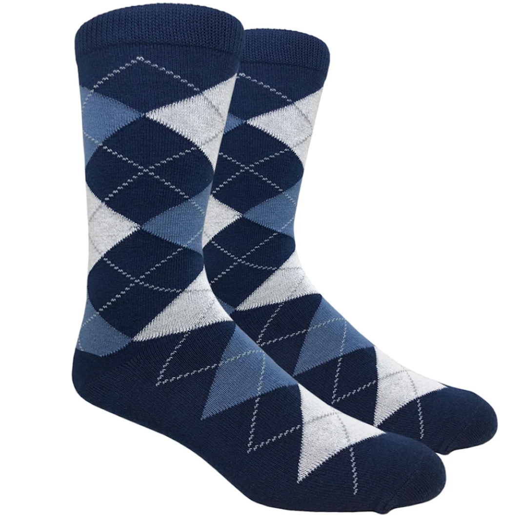 Big & Tall Navy Argyle Dress Sock
with Blue and White Pattern